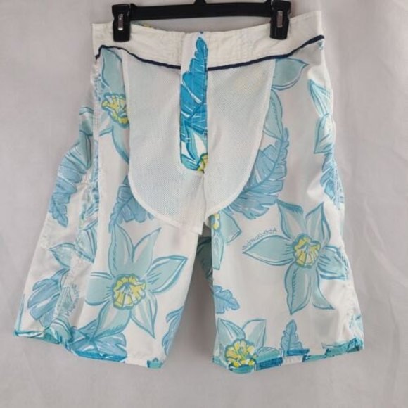 Abercrombie and Fitch Men's (XS-31) Blue & White Topical Print Swim Board Shorts - Picture 7 of 10